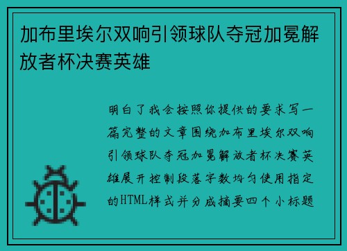 加布里埃尔双响引领球队夺冠加冕解放者杯决赛英雄 加布里埃尔双响引领球队夺冠加冕解放者杯决赛英雄