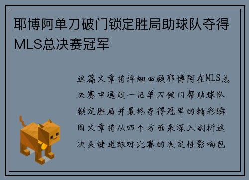 耶博阿单刀破门锁定胜局助球队夺得MLS总决赛冠军